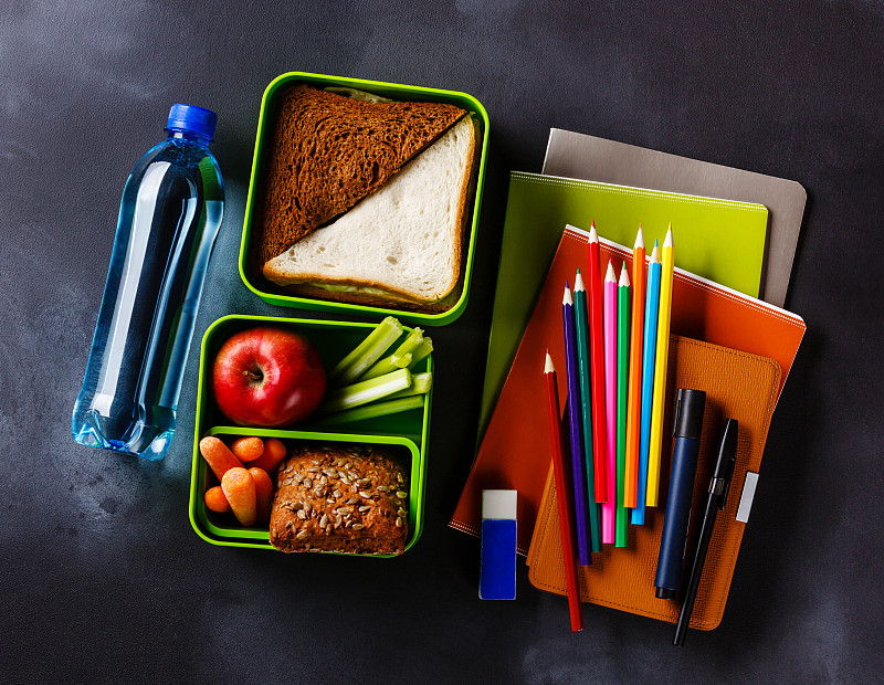 午餐盒,学校用品,三明治,水瓶,学校餐,盒装午餐,芹菜,电子阅读器,水,胡萝卜
