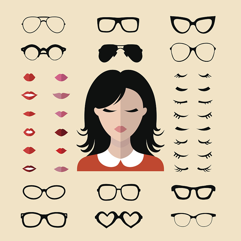 睫毛,眼镜,人的脸部,矢量,女人,创造力,嘴唇,图标,连衣裙,女性