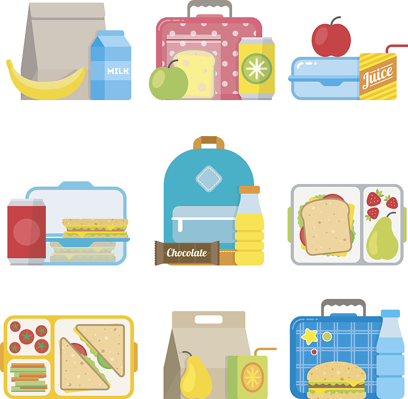 午餐盒,未成年学生,图标,童年,扁平化设计,盒装午餐,餐盘,三明治,小吃,容器