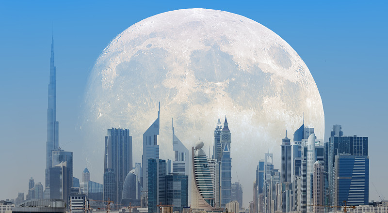 迪拜,月亮,城市天际线,哈利法塔,水平画幅,夜晚,无人,户外,都市风景,现代