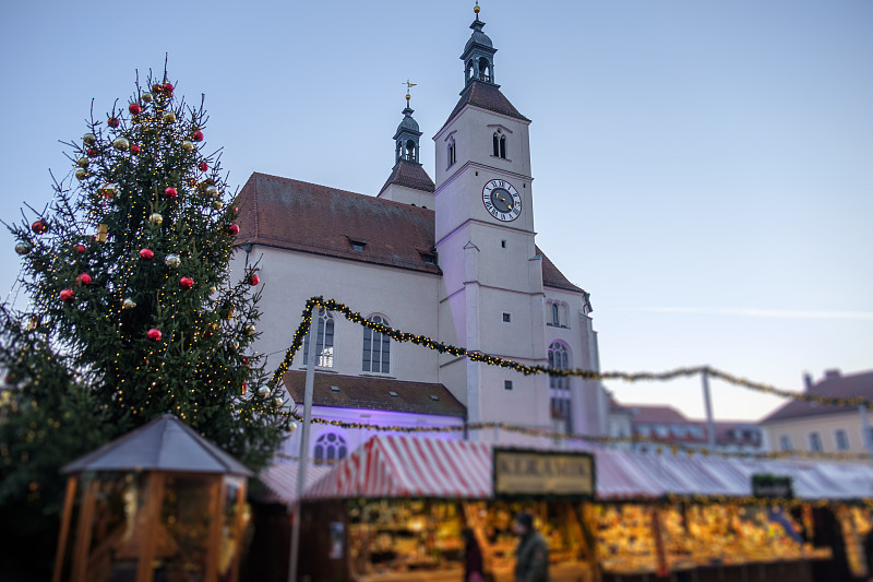 雷根斯堡,德国,圣诞市场,钟塔,货摊,选择对焦,天空,水平画幅