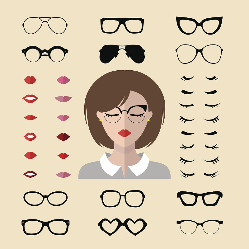 眼镜,人的脸部,矢量,女人,创造力,嘴唇,图标,睫毛,女性,布置