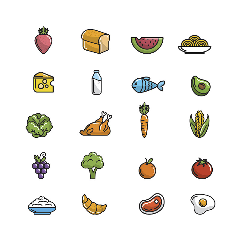 蔬菜,饮食,水果,蛋白质,面粉,肉,面包,鸡蛋,素食,绘画插图