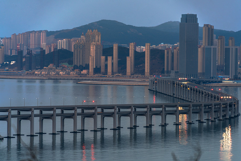 大连,黄昏,大特写,海湾大桥,立交桥,吊桥,水,天空,水平画幅,无人