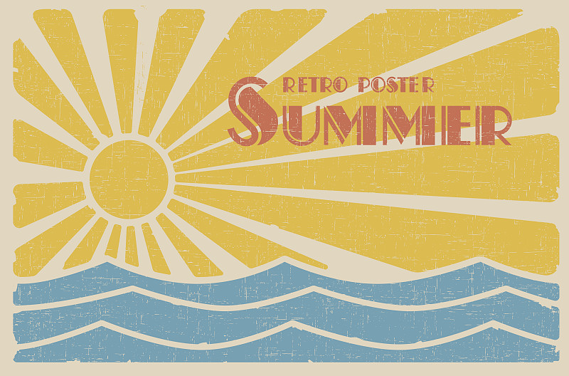 40-80年代风格复兴,夏天,复古风格,古典式,太阳,波浪,海洋,水,矢量