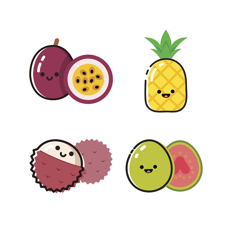 符号,多色的,水果,西番莲,番石榴,荔枝,水果沙拉,素食,绘画插图,膳食