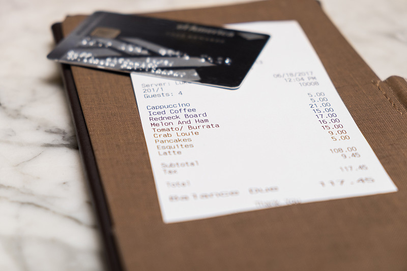 帐单,餐馆,信用卡,收据,支票,信用卡购物,小费,选择对焦,咖啡店,水平画幅