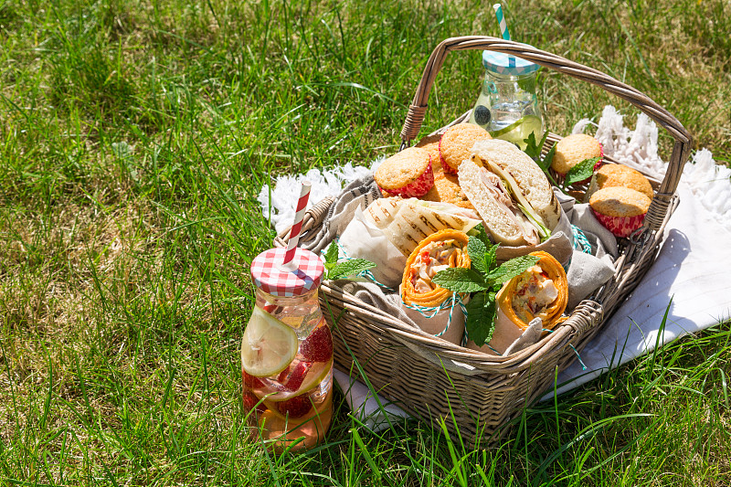 野餐篮,绿色,晴朗,食品,草坪,装摩西的篮子,潜艇三文治,法式长棍面包,柳条,柠檬水