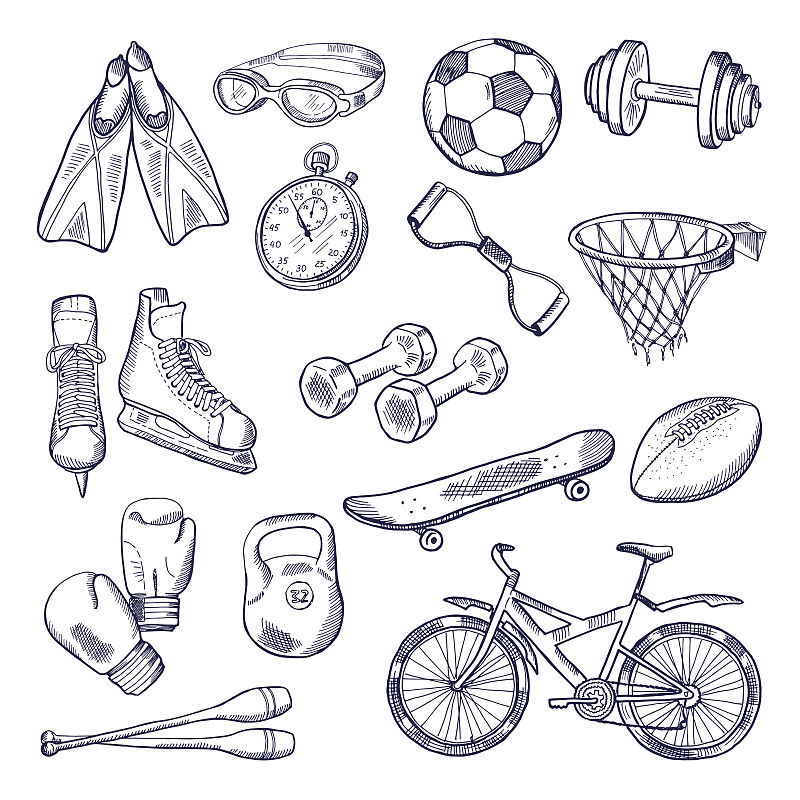 绘画插图,矢量,手,乱画,体育器械,白色背景,橄榄球,篮球框,拳击手套,足球