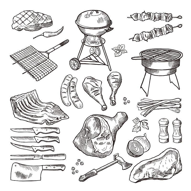 烤肉架,肉,格子烤肉,绘画插图,矢量,手,个人随身用品,布置,聚会,绘制