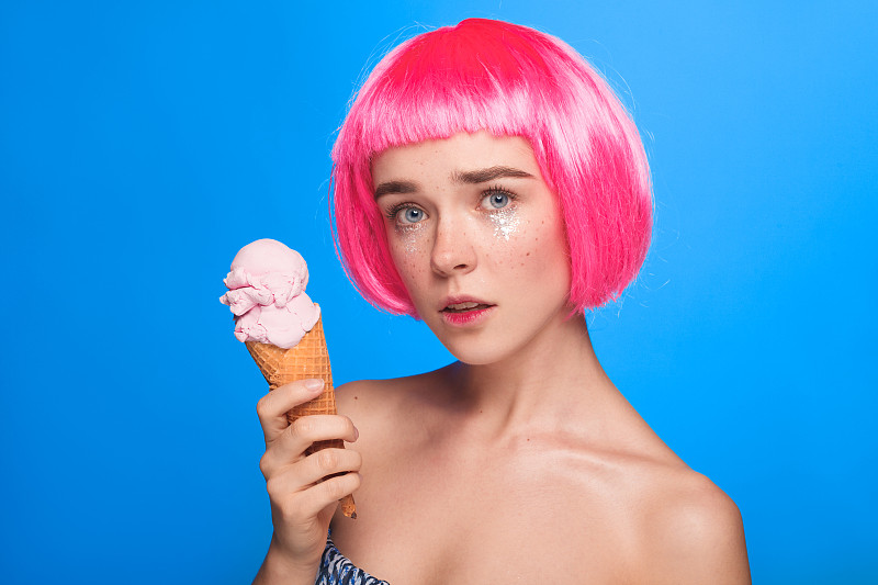 假发,女人,粉色,米色,冰块,冰淇淋蛋卷,冰淇淋,美,青少年,彩妆
