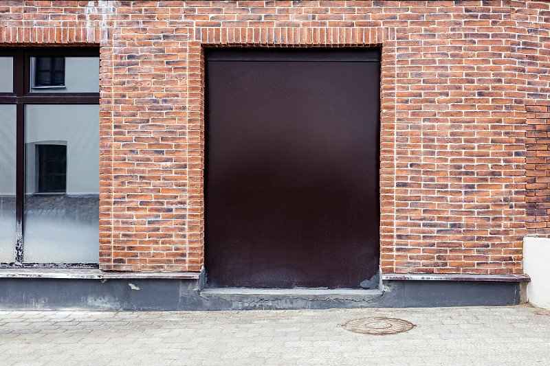 门口,砖墙,关闭的,褐色,金属,红色,涂料,背景,铺路石,砖