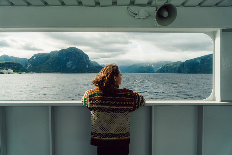 渡轮,看风景,女人,风景,看,客轮,峡湾,挪威,城市游,旅游目的地