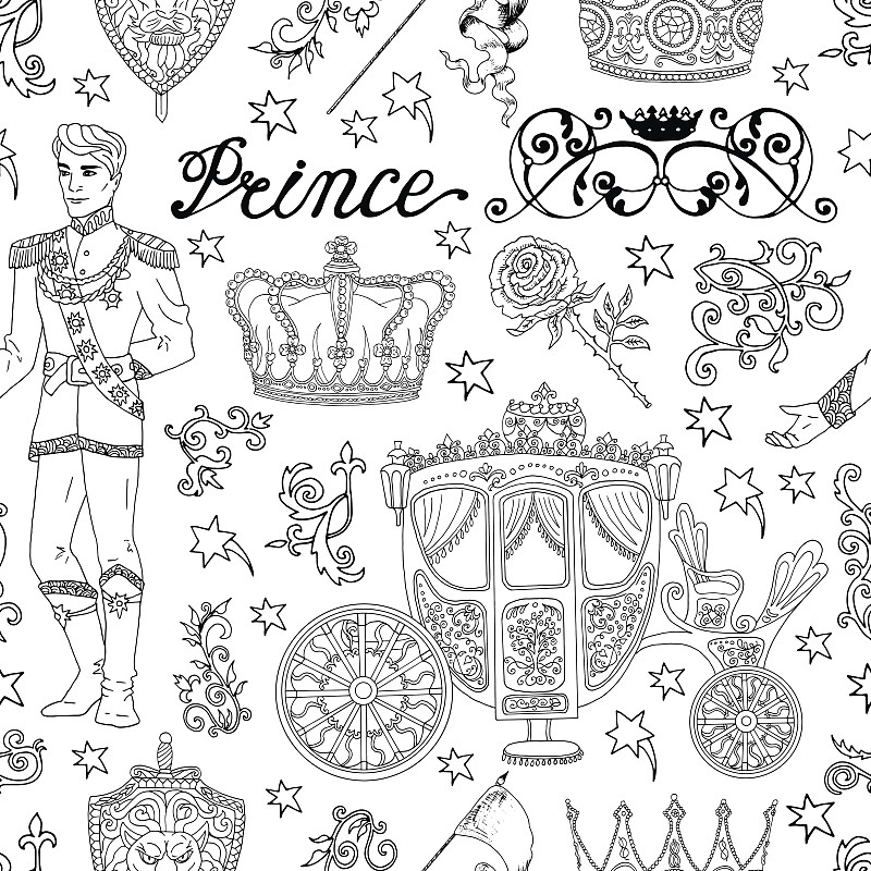 王子,个人随身用品,黑白图片,背景,晕影效果,城堡,童话故事,线条画,维多利亚女王时代风格,王冠