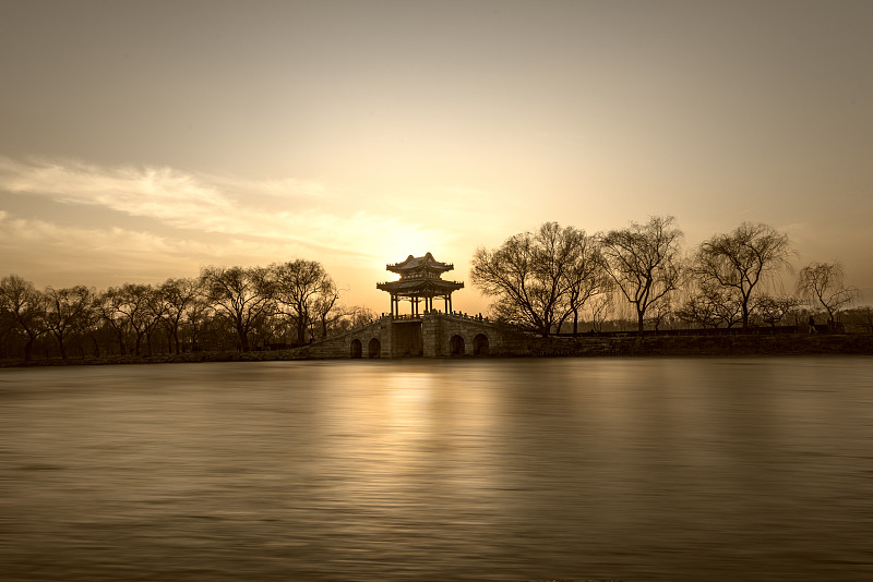 北京,颐和园,堤道,昆明湖,长时间曝光,景观设计,宝塔,桥,湖,园林