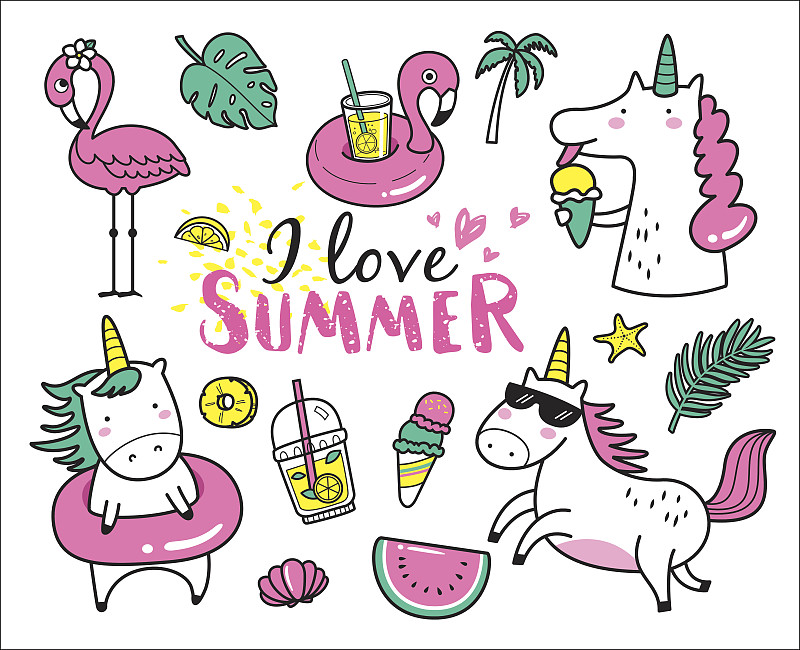 夏天,独角兽,火烈鸟,海星,冷冻食物,菠萝,热带水果,沙滩派对,西瓜,贝壳