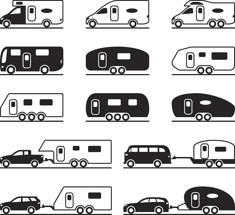 旅行拖车,露营车,载人车,多功能车,拖车,巴士,水平画幅,无人,绘画插图,陆用车