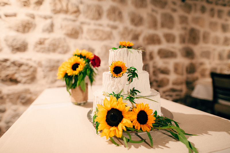结婚蛋糕,向日葵,华丽的,结婚宴会,乡村风格,明亮,甜点心,白色,婚姻,饼干