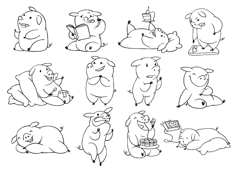 猪,单色调,乐趣,肥胖,时尚,数字12,动物的鳞,小猪,猪嘴,绘画插图