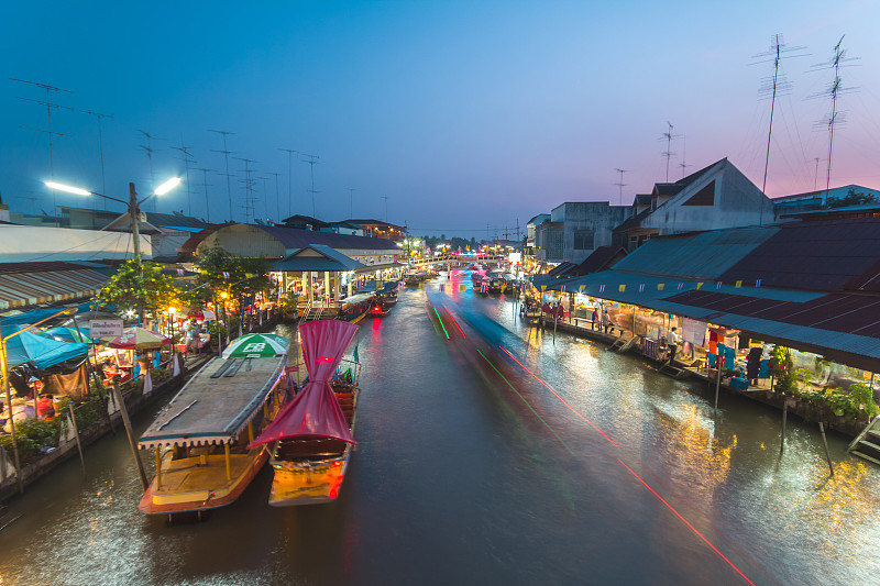 泰国,夜晚,照明设备,水上市场,夜市,曼谷,货摊,街头食品,市场,水
