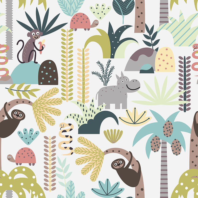 四方连续纹样,可爱的,动物,热带雨林,树懒,猴子,河马,热带植物图案,艺术,绘画插图