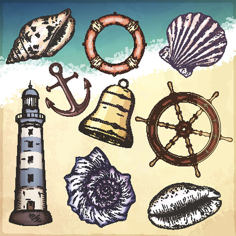 船,绘画插图,航海图,钢笔和麦克笔画,安全带,浮标,航海设备,方向盘,帆船,锚