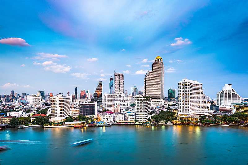 泰国,都市风景,曼谷,湄南河,湄南河三角洲,水,水平画幅,夜晚,无人,曙暮光