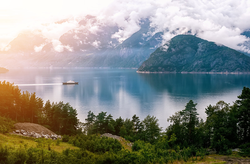 挪威,山,云,船,背景,天气,白色,森林,松恩峡湾,奈瑞峡湾