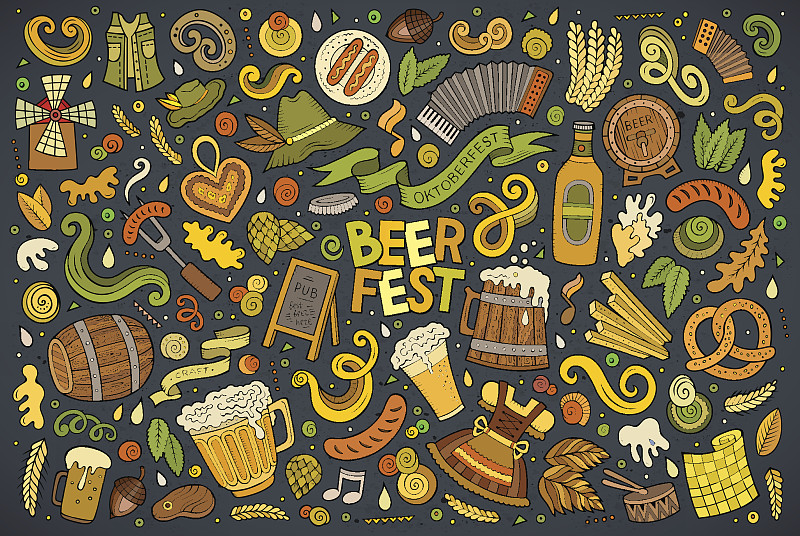 啤酒节,乱画,符号,组物体,卡通,矢量,手风琴,酿酒厂,啤酒,姜饼蛋糕