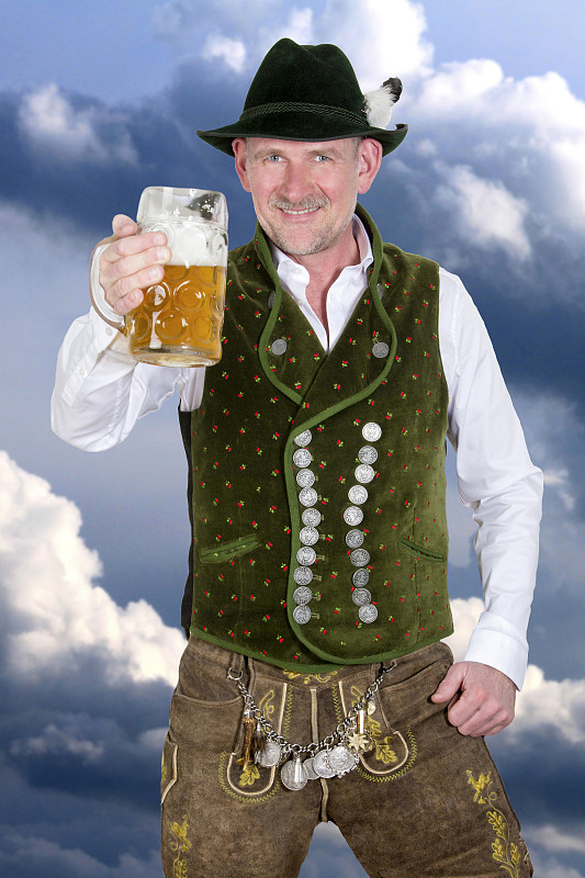 啤酒,马克杯,男人,拿着,巴伐利亚,传统服装,裤子,帽子,德国,皮革