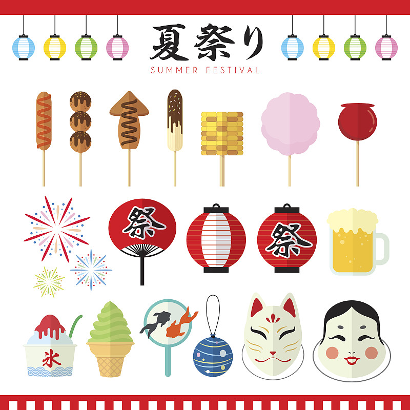 日本,符号,夏天,传统节日,捞金鱼,奥卡梅面具,日式烤章鱼丸,刨冰,棉花糖,小吃