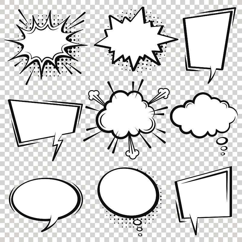 漫画书,对话气泡框,盒子,黑白图片,日本漫画风格,泡泡,幽默,文字,复古风格,想法