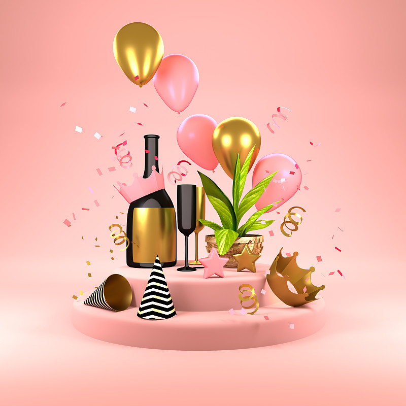 粉色,背景,派对帽,人生大事,香槟,五彩纸屑,生日,贺卡,无人,星形