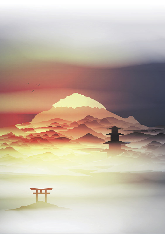 日本,拱门,地形,背景,绘画插图,矢量,山,雾,宝塔,富士山