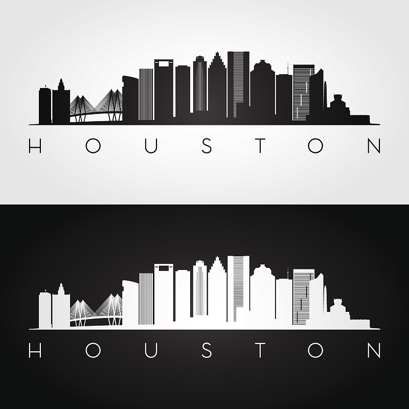 休斯顿市,城市天际线,美国,矢量,绘画插图,著名景点,黑白图片,摩天大楼,轮廓,城市