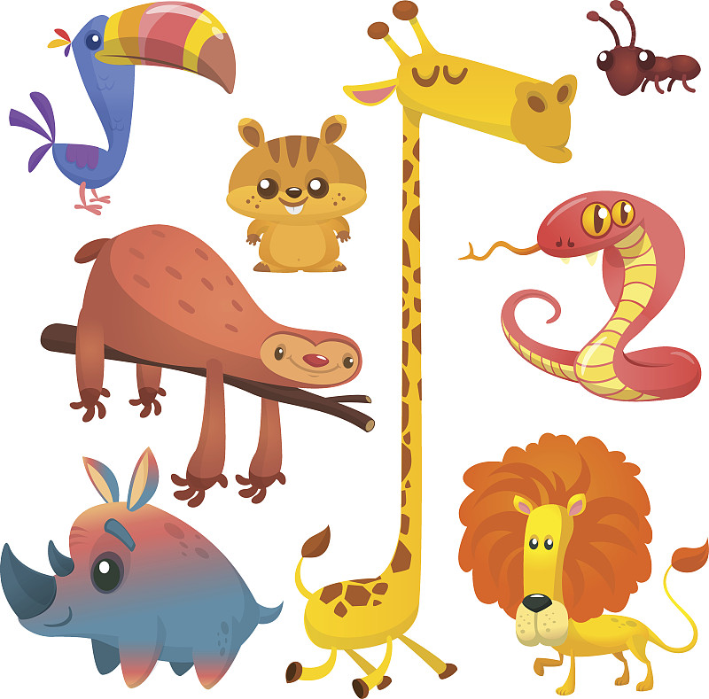 花栗鼠,眼镜蛇,蚂蚁,树懒,巨嘴鸟,犀牛,长颈鹿,卡通,蛇,绘画插图