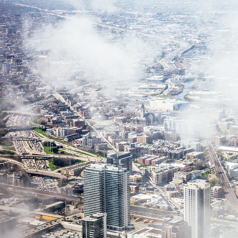 芝加哥市,航拍视角,芝加哥鲁普商业区,烟雾,伊利诺斯州,无人,户外,云景,现代,高处