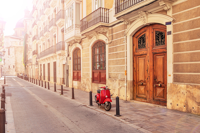 小型摩托车,人行道,西班牙,摩托车,街道,静止的,城市,红色,旅行者,复古
