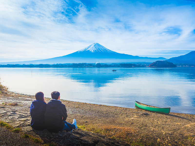 河口湖,富士山,早晨,伴侣,湖,亚洲,背景,看,侧面视角,坐