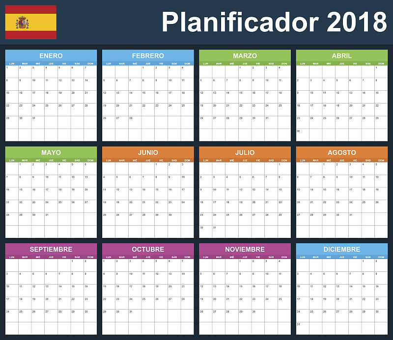 星期一,日记,模板,个人备忘录,空白的,西班牙,2018,星期,开端,新的