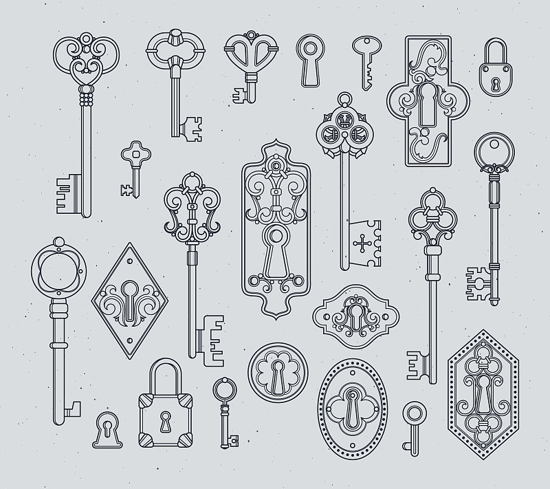 绘画插图,矢量,手,挂锁,钥匙,门,中世纪时代,档案,古老的,古典式