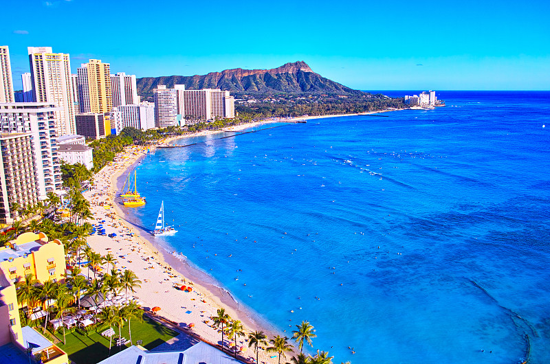 夏威夷,威基基海滩,度假胜地,水平画幅,威基基,夏天,户外,棕榈树,海滩,热带气候