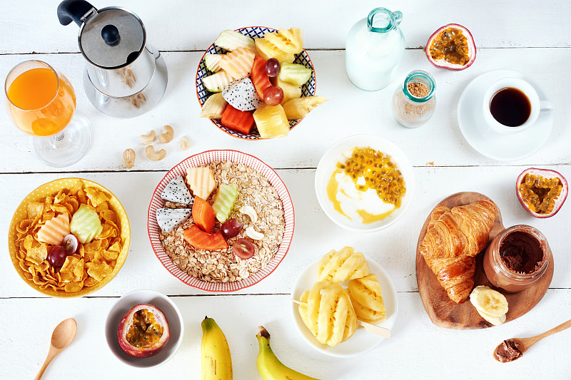 早餐,热带水果,奶制品,西番莲,早晨,果汁,白色,碗,牛奶,腰果
