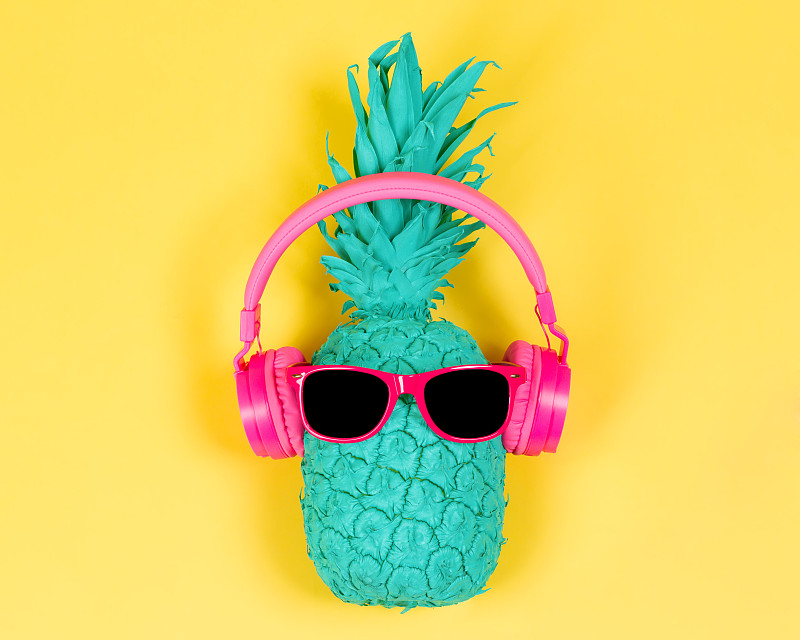 菠萝,耳机,粉色,个人随身用品,艺术,水平画幅,沙滩派对,无人,维生素,夏天