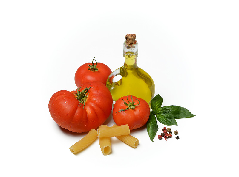 西红柿,白色背景,成分,意大利面,水平画幅,素食,传统,生食,橄榄油,特写