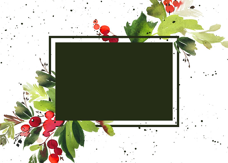 贺卡,浆果,云杉,水彩画,绘画插图,新的,边框,艺术,水平画幅