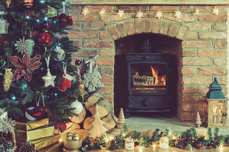 壁炉,毛皮,布置,灯笼,水平画幅,无人,传统,圣诞树,时间