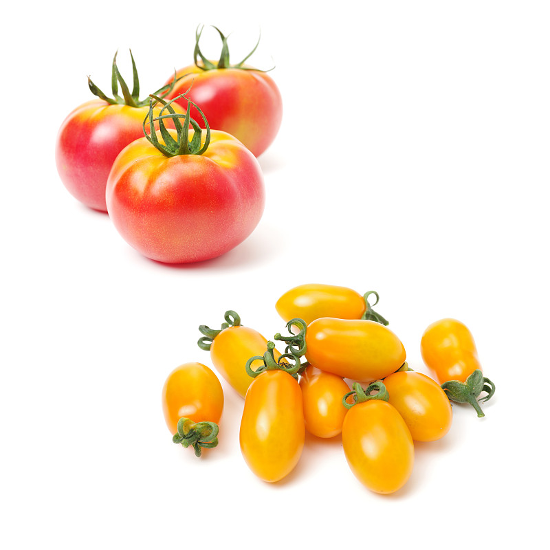 白色背景,红色,黄西红柿,橙子,分离着色,生食,樱桃番茄,方形画幅,西红柿,甜点心