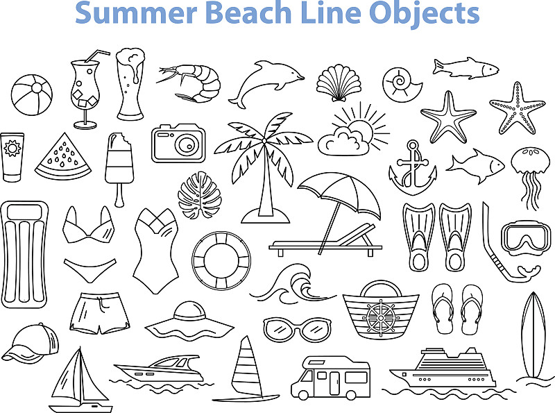 夏天,组物体,水边,贝壳,绘画插图,海豚,海产,鸡尾酒,饮料,棕榈树