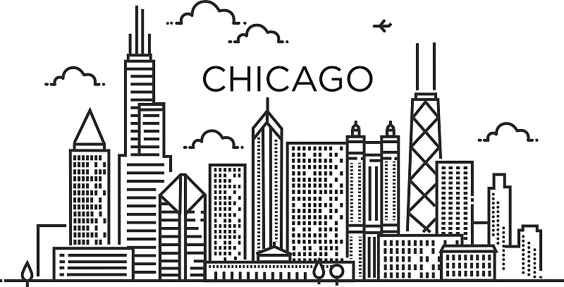 芝加哥市,城市,线条画,直的,天空,绘画插图,计算机制图,计算机图形学,都市风景